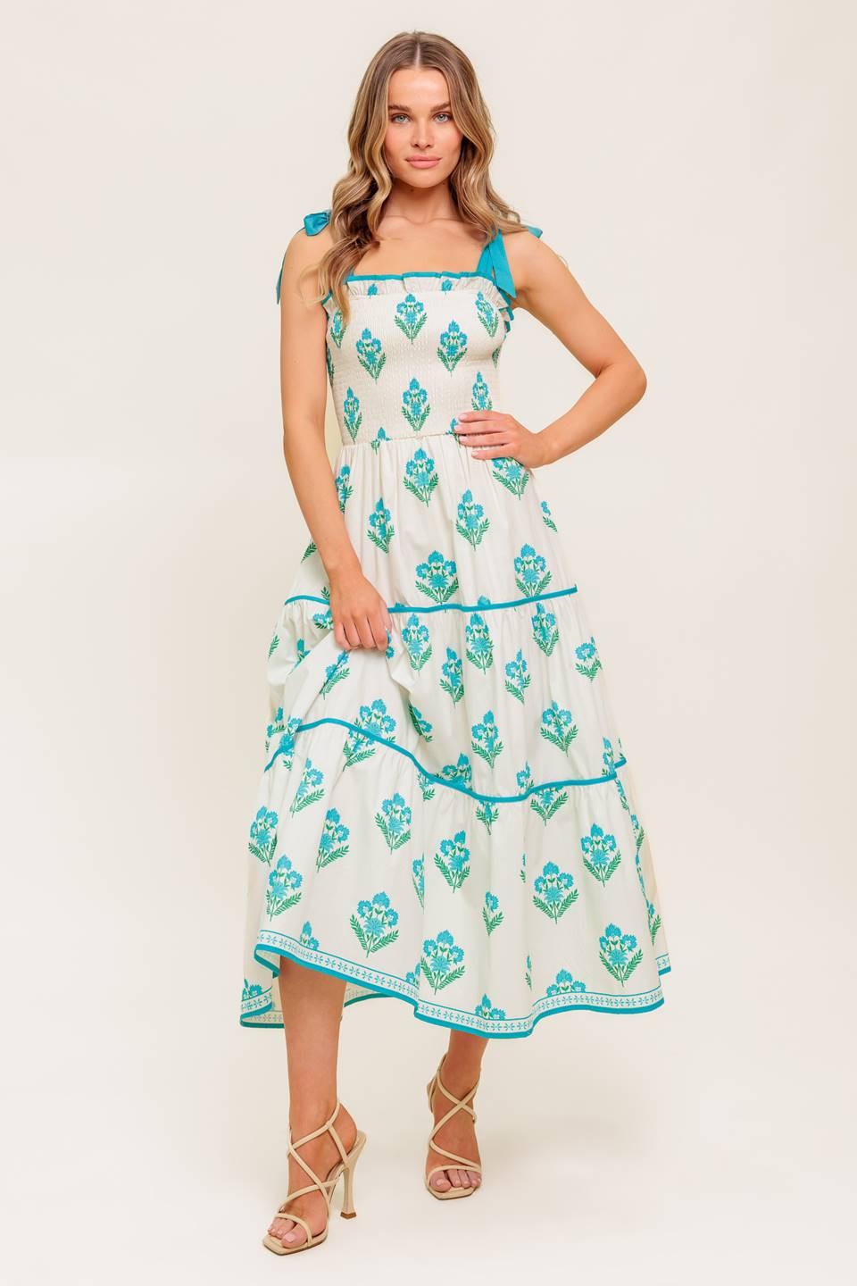 Midnight Botanica Woven Midi Dress in ivory blue, view 2 — Soul Flow Apparel