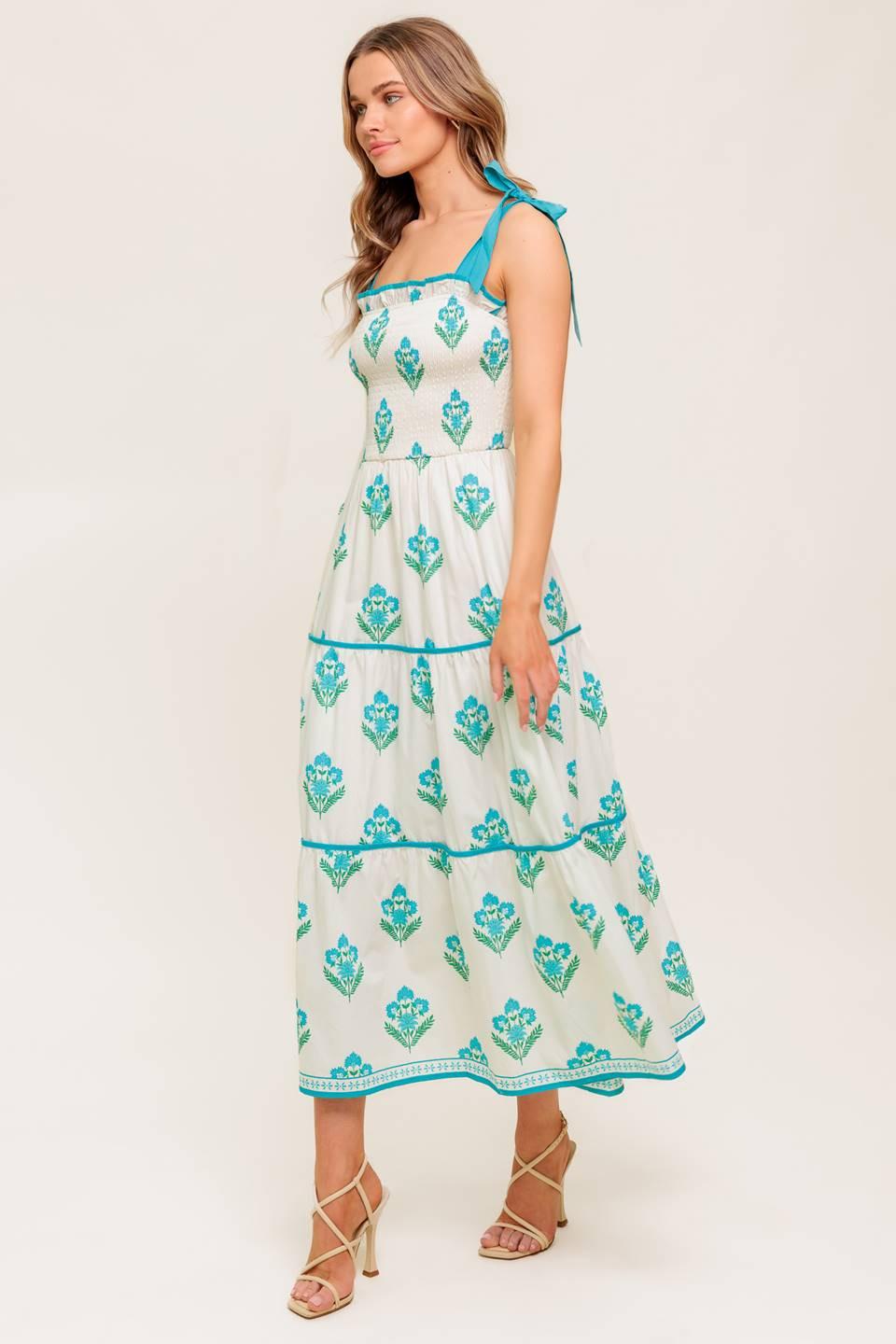 Midnight Botanica Woven Midi Dress in ivory blue, view 3 — Soul Flow Apparel