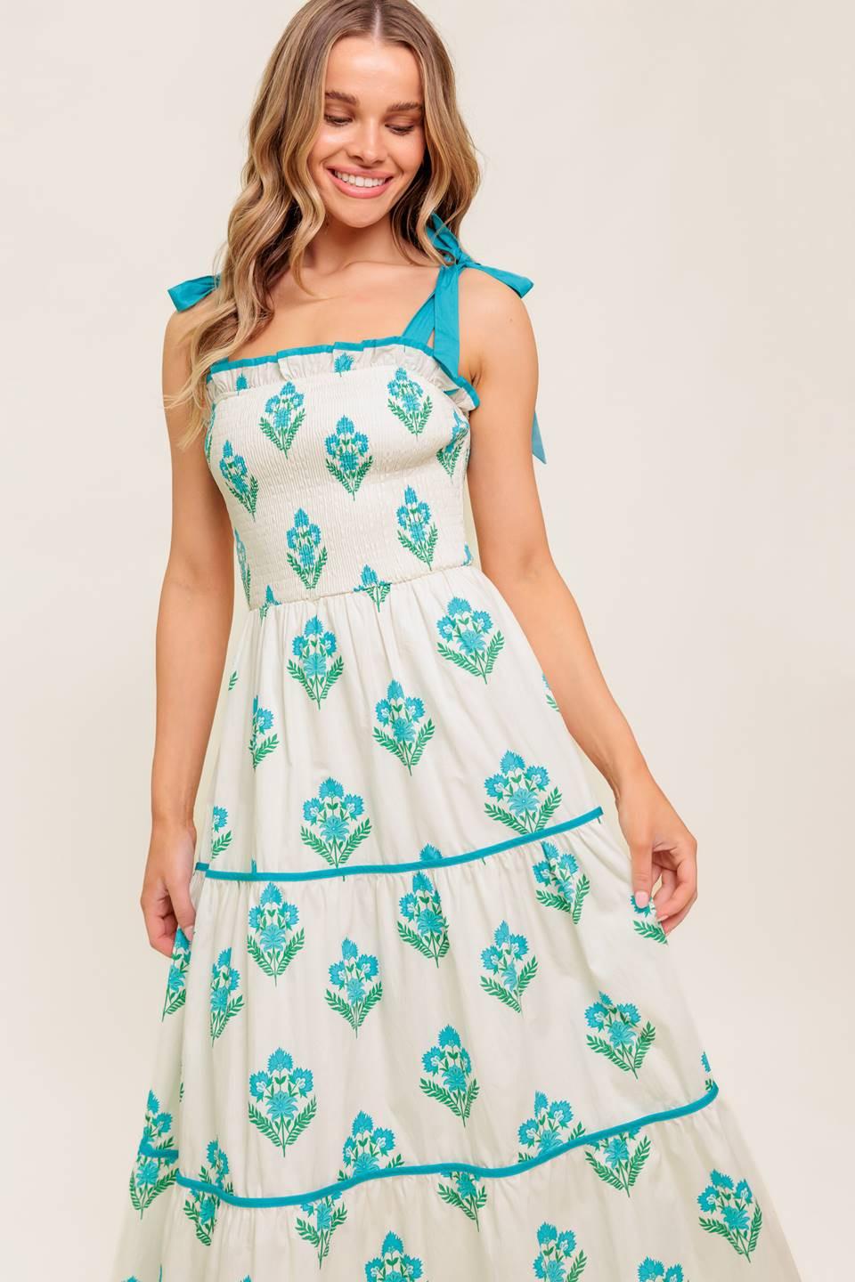 Midnight Botanica Woven Midi Dress in ivory blue, view 5 — Soul Flow Apparel
