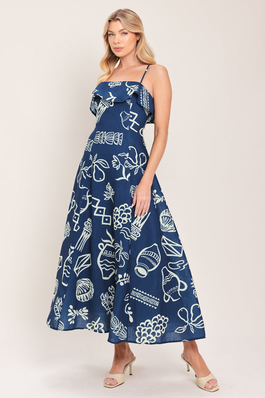Coastal Sketch Woven Midi Dress in navy, view 2 — Soul Flow Apparel