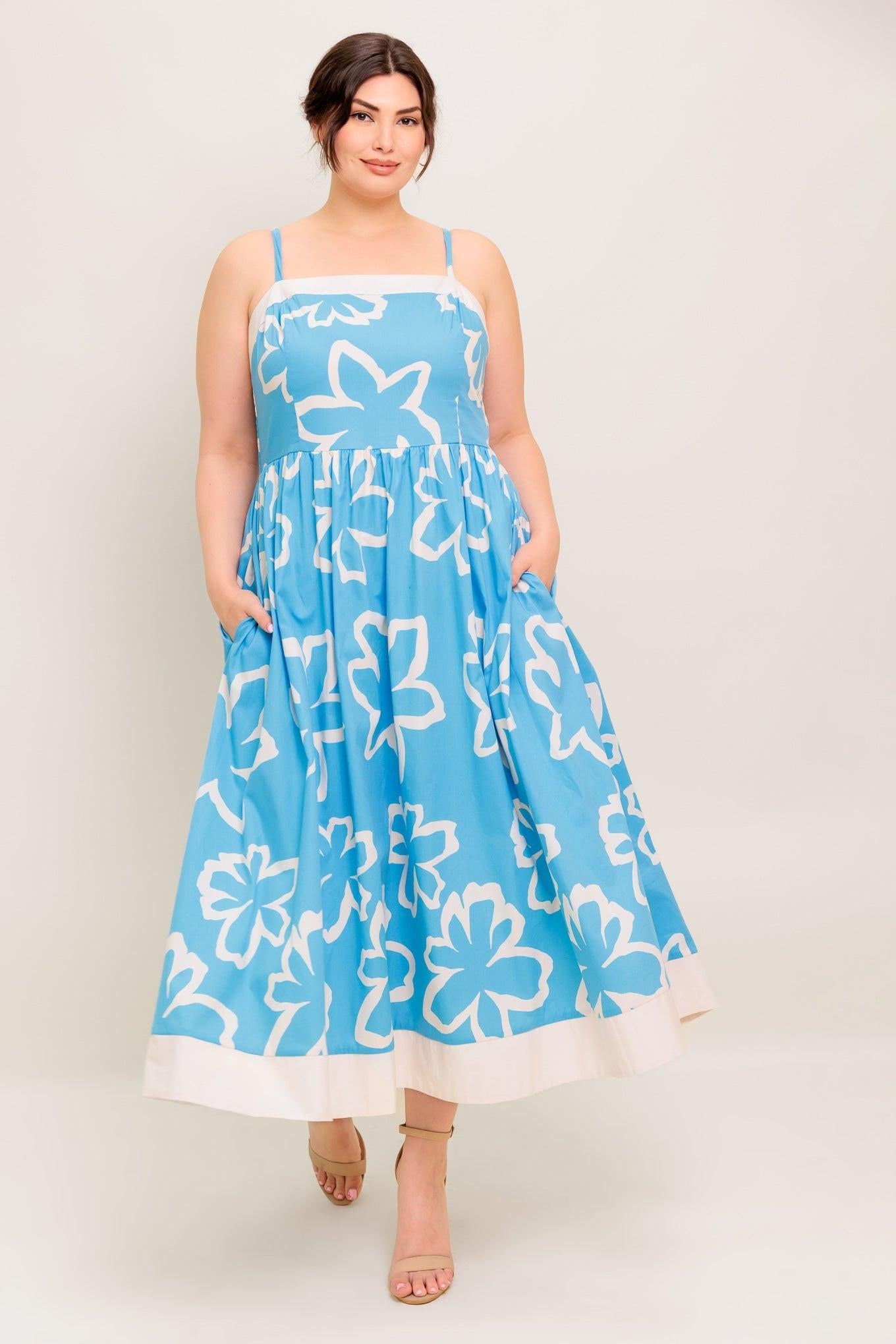 Serene Petals Blue Woven Midi Dress in ivory, view 1 — Soul Flow Apparel