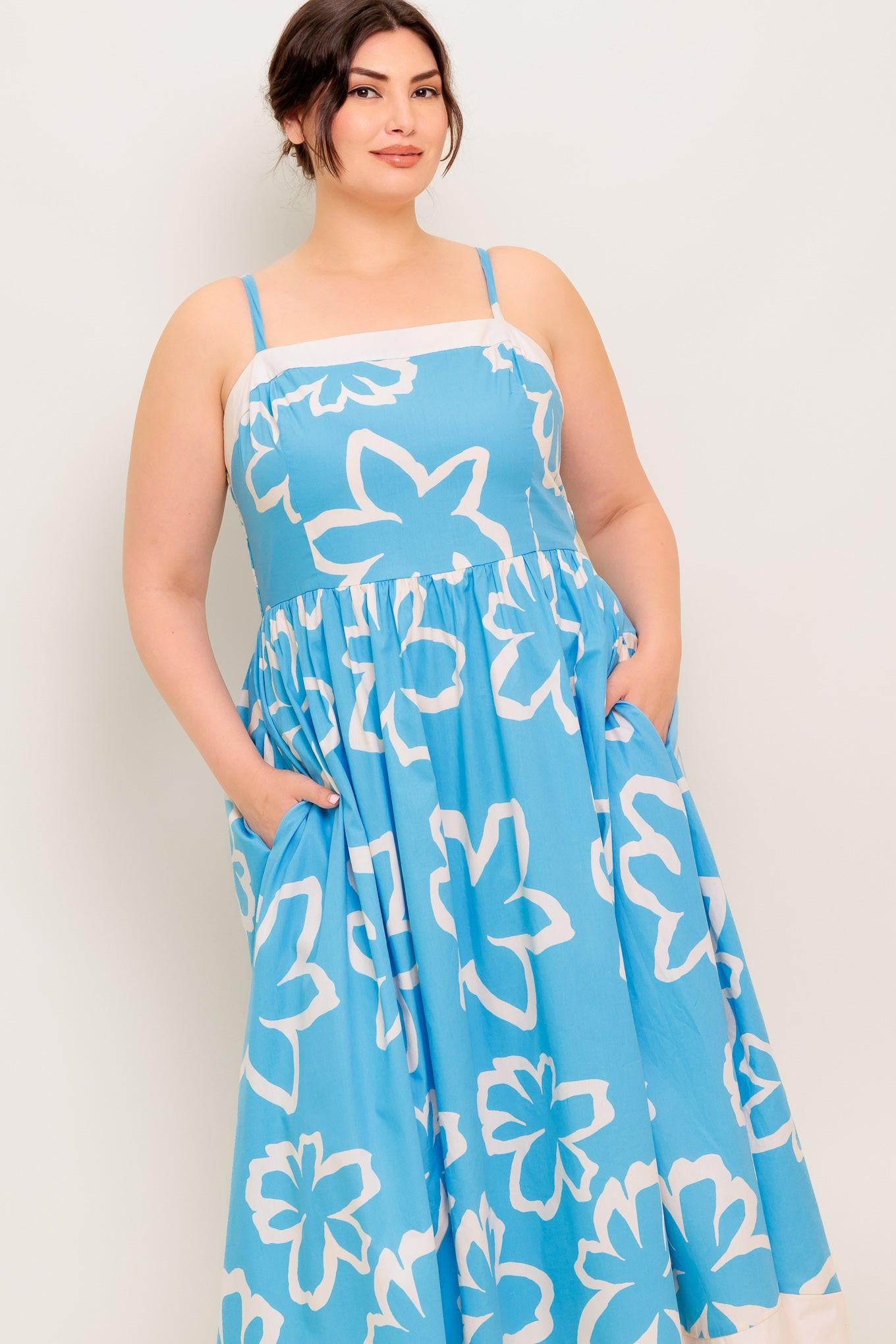Serene Petals Blue Woven Midi Dress in ivory, view 2 — Soul Flow Apparel