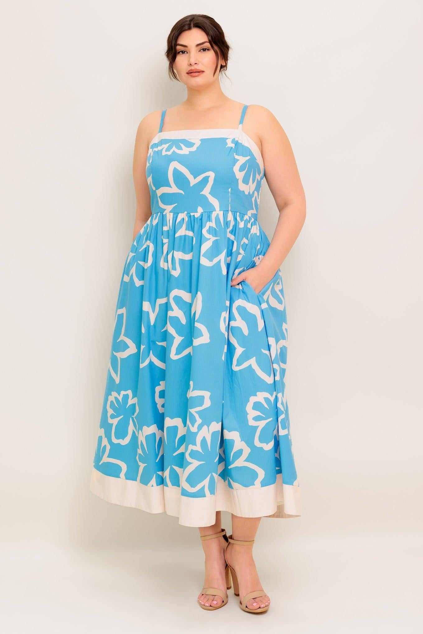 Serene Petals Blue Woven Midi Dress in ivory, view 3 — Soul Flow Apparel