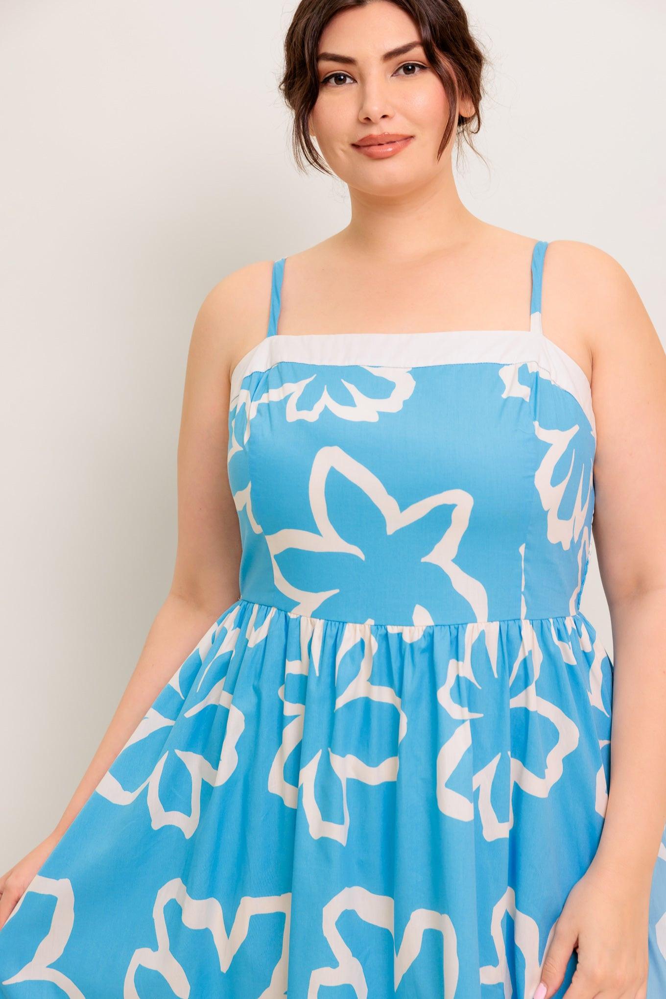 Serene Petals Blue Woven Midi Dress in ivory, view 4 — Soul Flow Apparel