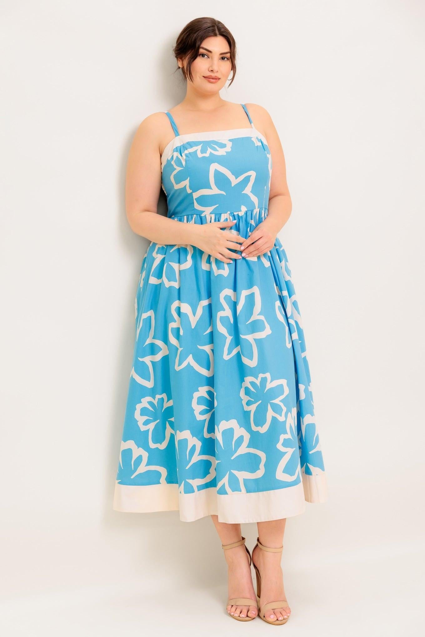 Serene Petals Blue Woven Midi Dress in ivory, view 5 — Soul Flow Apparel