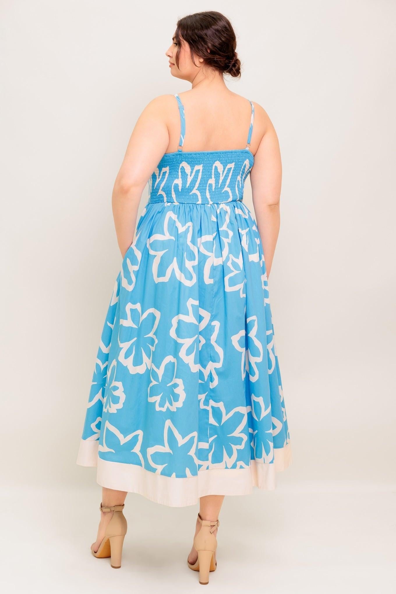 Serene Petals Blue Woven Midi Dress in ivory, view 6 — Soul Flow Apparel