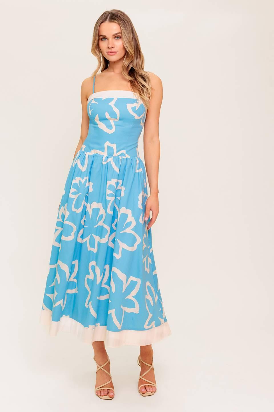 Serene Petals Blue Woven Midi Dress in ivory, view 1 — Soul Flow Apparel