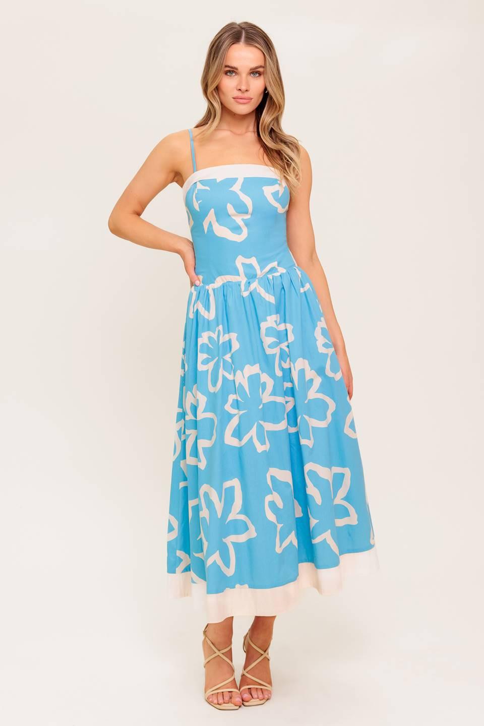 Serene Petals Blue Woven Midi Dress in ivory, view 2 — Soul Flow Apparel