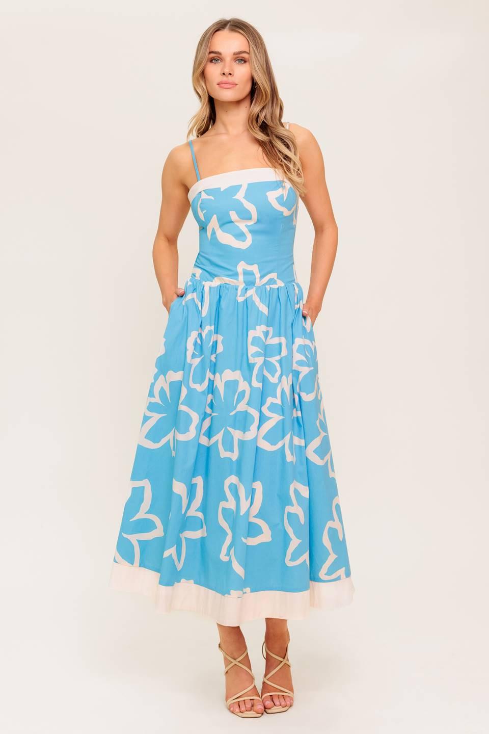 Serene Petals Blue Woven Midi Dress in ivory, view 3 — Soul Flow Apparel