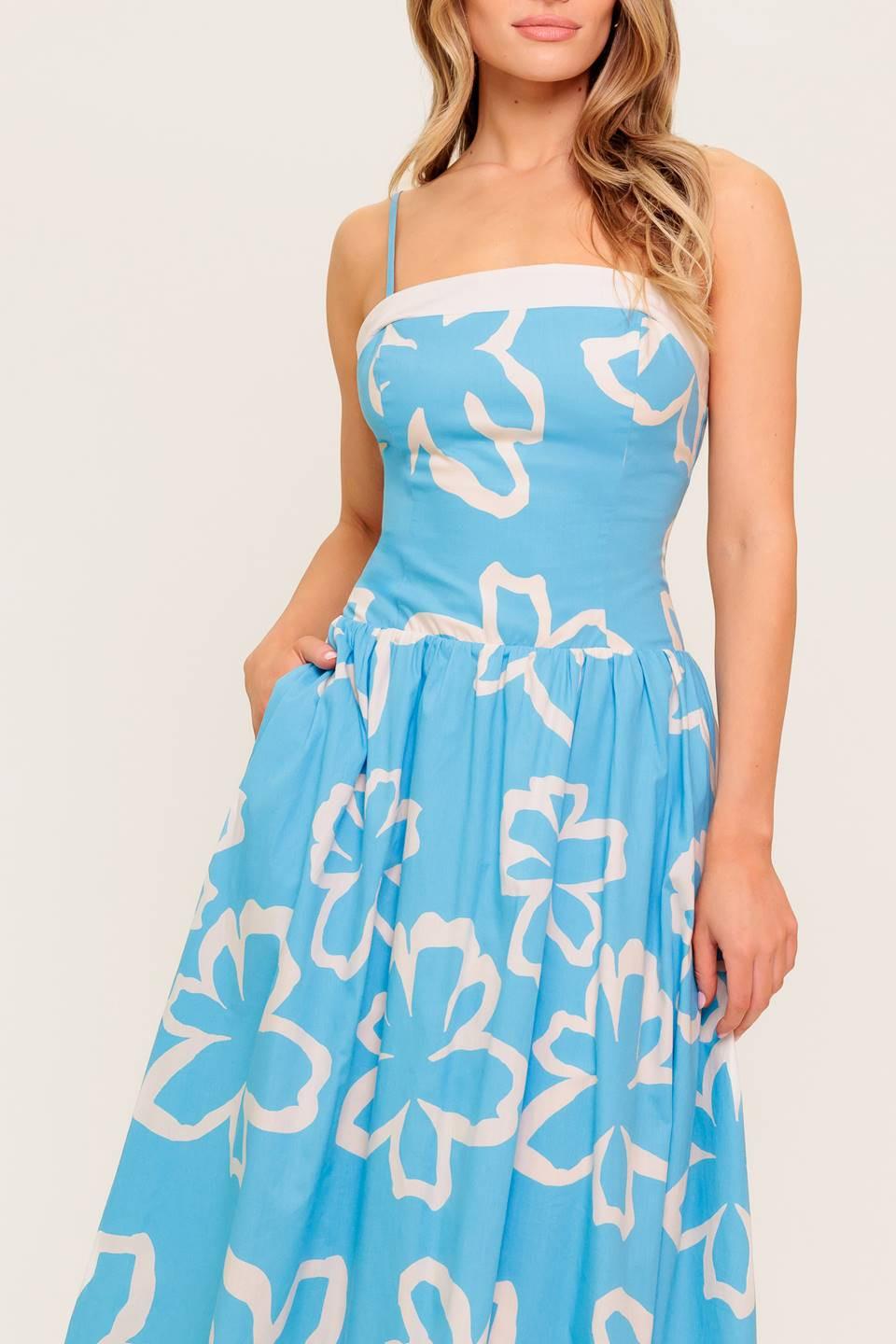 Serene Petals Blue Woven Midi Dress in ivory, view 4 — Soul Flow Apparel