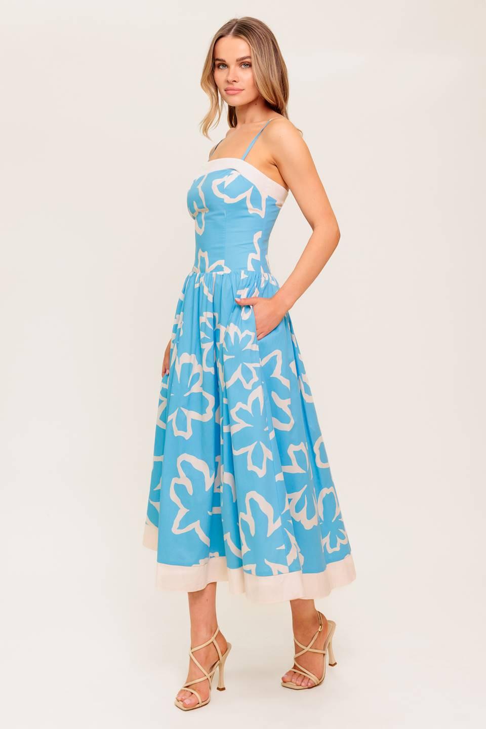 Serene Petals Blue Woven Midi Dress in ivory, view 5 — Soul Flow Apparel