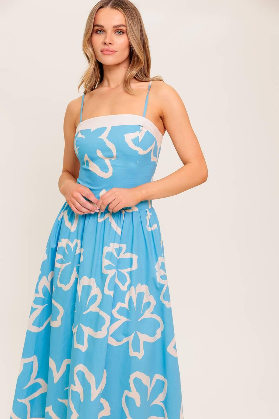 Serene Petals Blue Woven Midi Dress in ivory, view 6 — Soul Flow Apparel