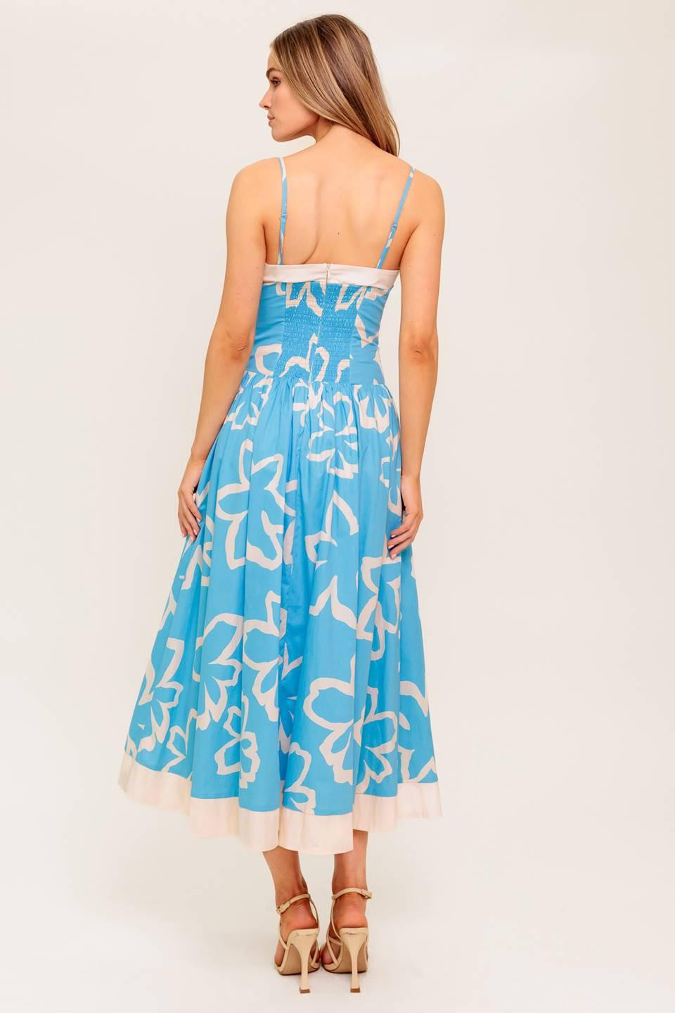 Serene Petals Blue Woven Midi Dress in ivory, view 7 — Soul Flow Apparel