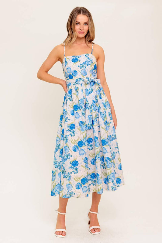 Rosy Mood Floral Woven Midi Dress in ivory blue, view 1 — Soul Flow Apparel