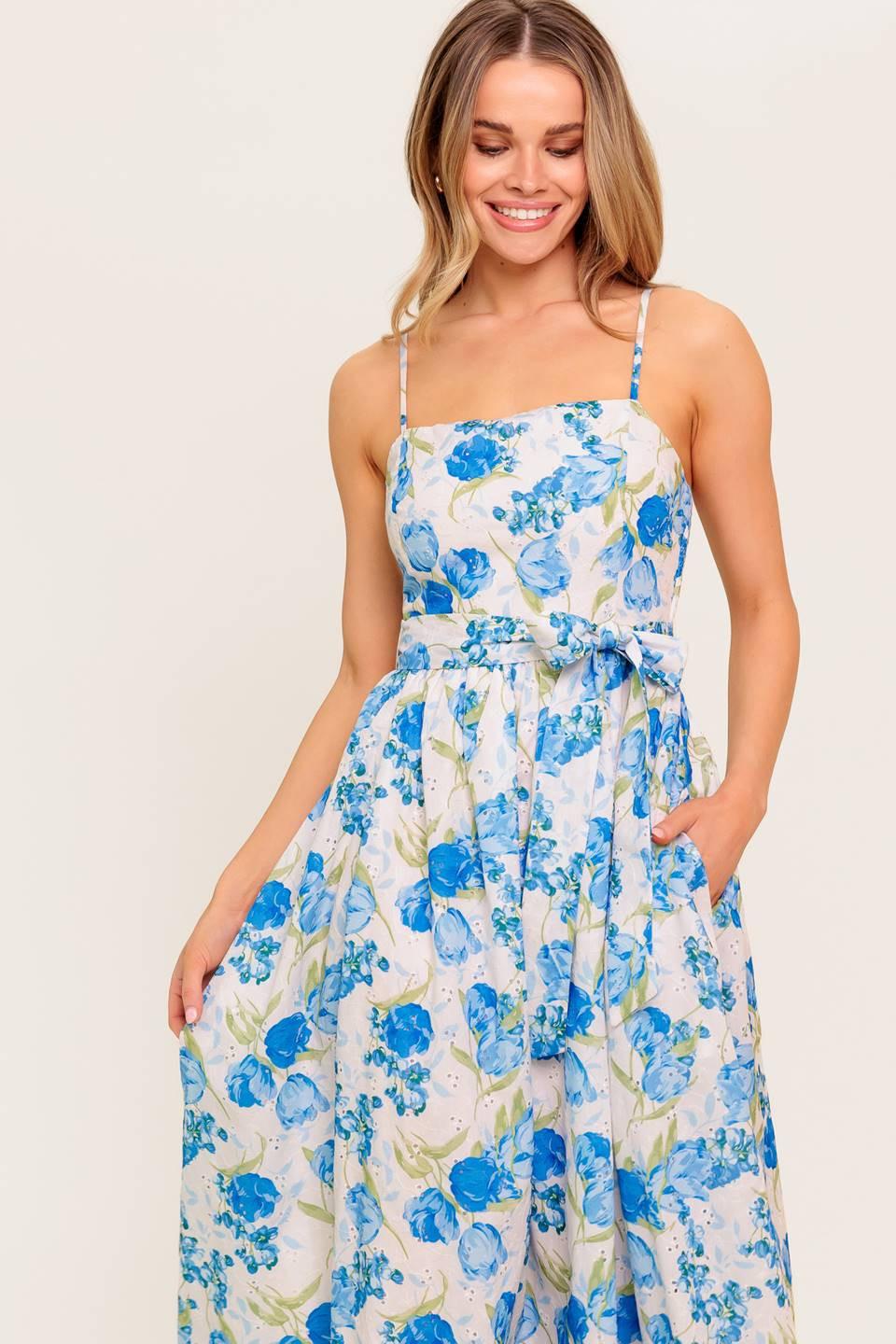 Rosy Mood Floral Woven Midi Dress in ivory blue, view 2 — Soul Flow Apparel