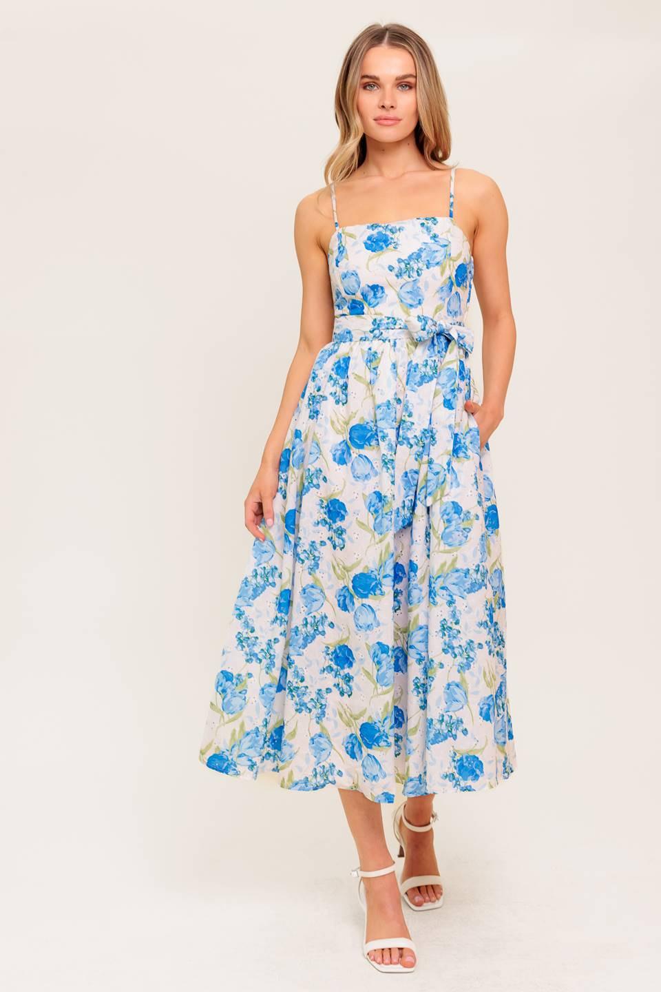 Rosy Mood Floral Woven Midi Dress in ivory blue, view 3 — Soul Flow Apparel