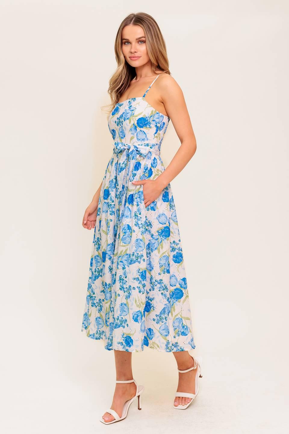 Rosy Mood Floral Woven Midi Dress in ivory blue, view 4 — Soul Flow Apparel