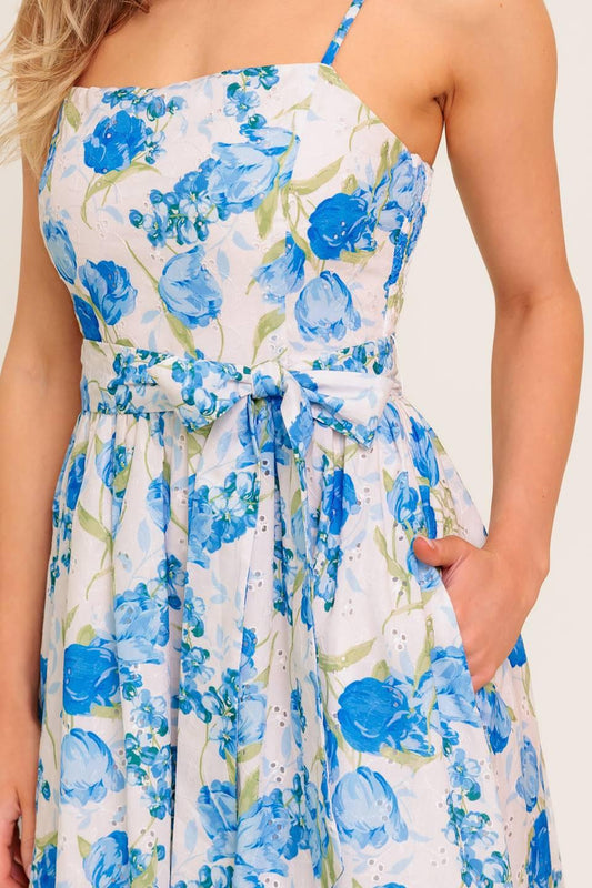 Rosy Mood Floral Woven Midi Dress in ivory blue, view 5 — Soul Flow Apparel