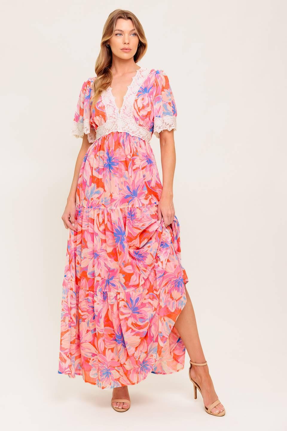 Minimal Bloom Woven Maxi Dress in coral blue, view 1 — Soul Flow Apparel