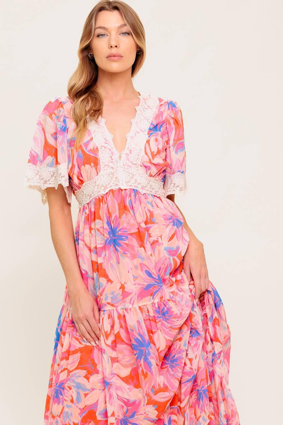 Minimal Bloom Woven Maxi Dress in coral blue, view 2 — Soul Flow Apparel