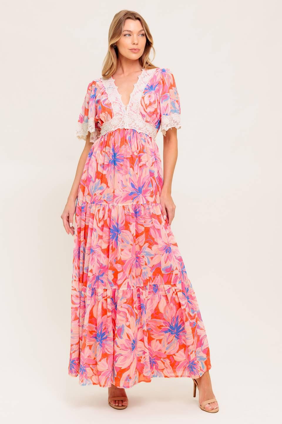 Minimal Bloom Woven Maxi Dress in coral blue, view 3 — Soul Flow Apparel