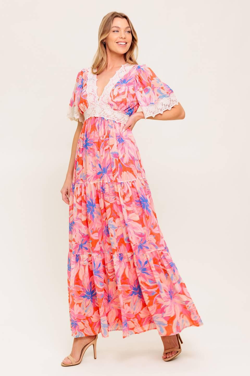 Minimal Bloom Woven Maxi Dress in coral blue, view 4 — Soul Flow Apparel