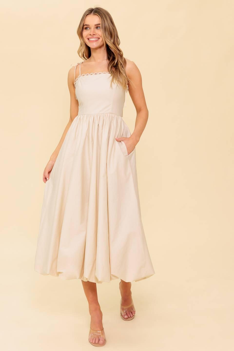 Regal Cutie Cream Woven Midi Dress, view 2 — Soul Flow Apparel