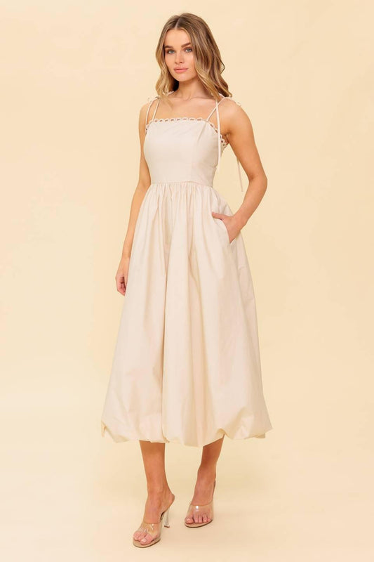Regal Cutie Cream Woven Midi Dress, view 3 — Soul Flow Apparel
