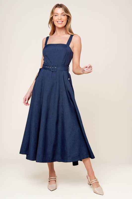 Rauland Navy Woven Midi Dress, view 2 — Soul Flow Apparel