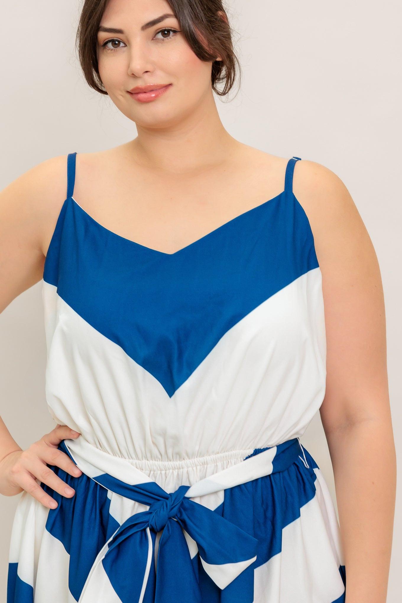 Radiant Heart Navy Woven Midi Dress in white, view 5 — Soul Flow Apparel