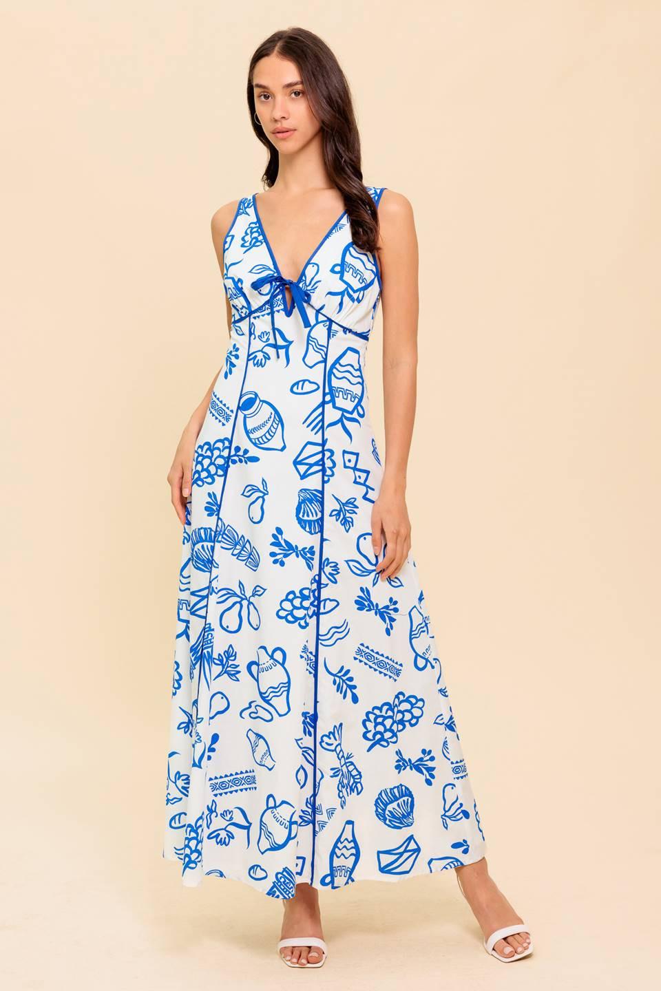 Italian Summer Woven Ankle Dress in ivory blue, view 1 — Soul Flow Apparel