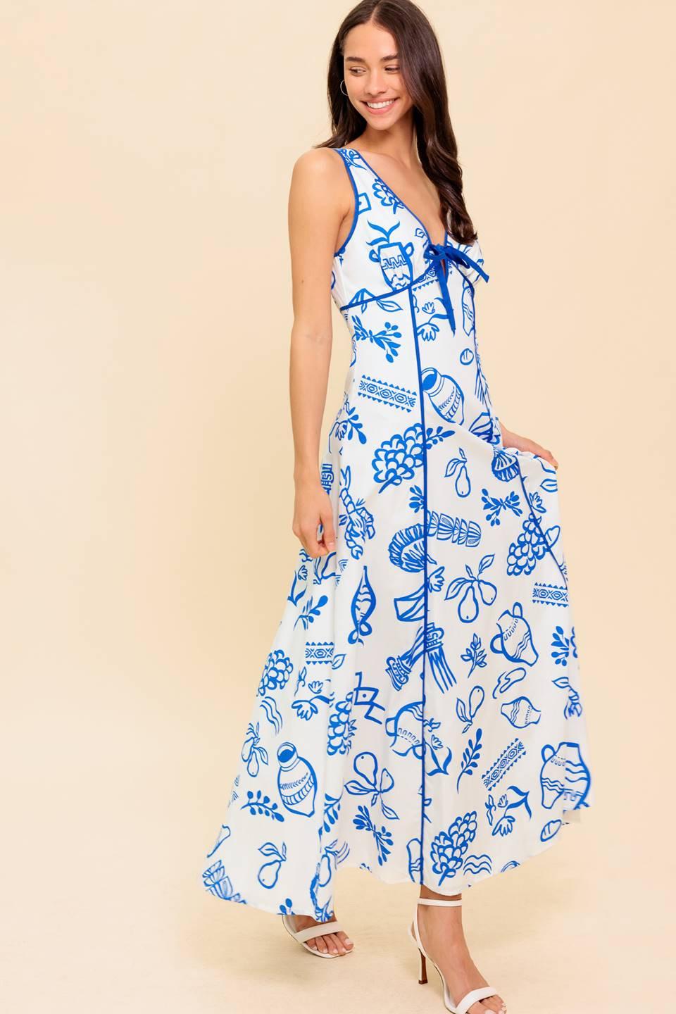 Italian Summer Woven Ankle Dress in ivory blue, view 3 — Soul Flow Apparel