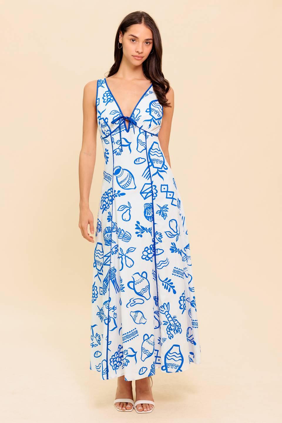 Italian Summer Woven Ankle Dress in ivory blue, view 5 — Soul Flow Apparel