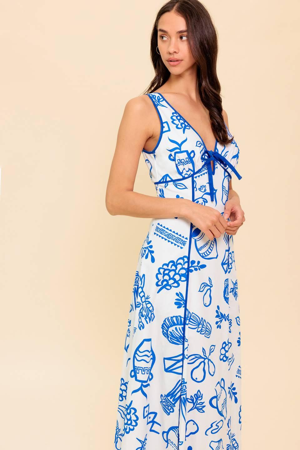 Italian Summer Woven Ankle Dress in ivory blue, view 6 — Soul Flow Apparel
