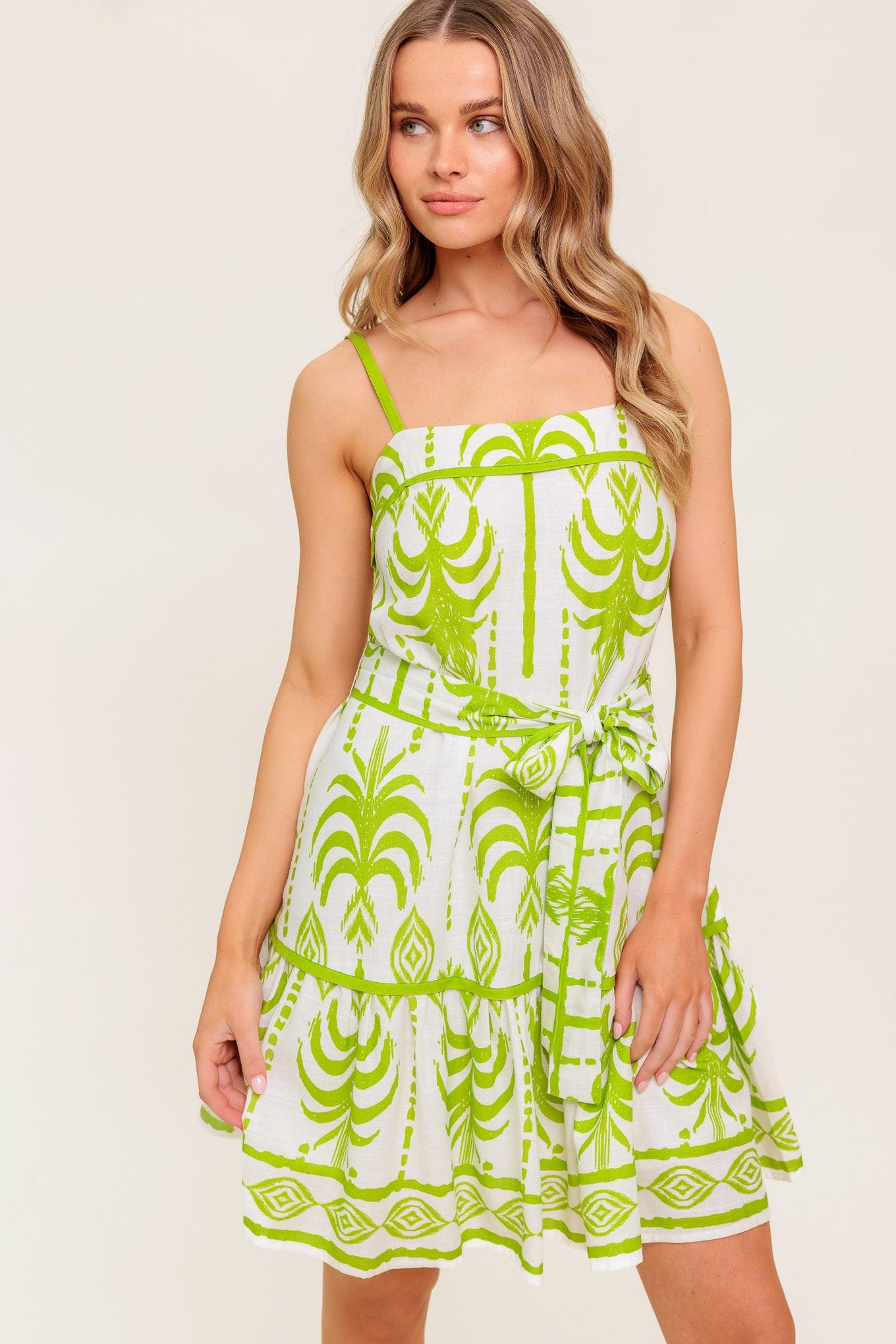 Sundown Charm Green Woven Mini Dress in ivory, view 3 — Soul Flow Apparel