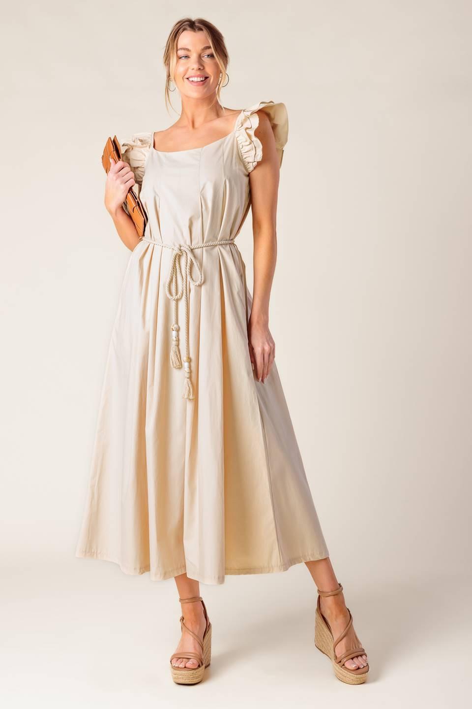 Champagne Toast Taupe Woven Midi Dress, view 1 — Soul Flow Apparel