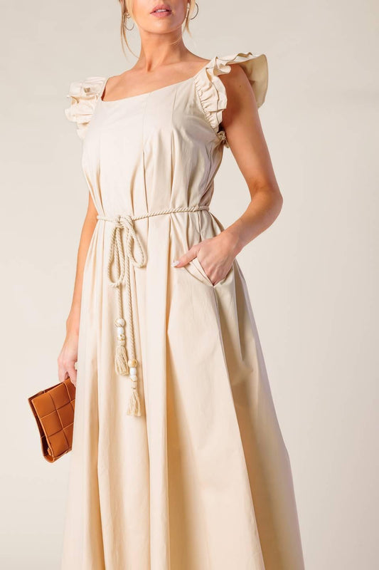 Champagne Toast Taupe Woven Midi Dress, view 2 — Soul Flow Apparel