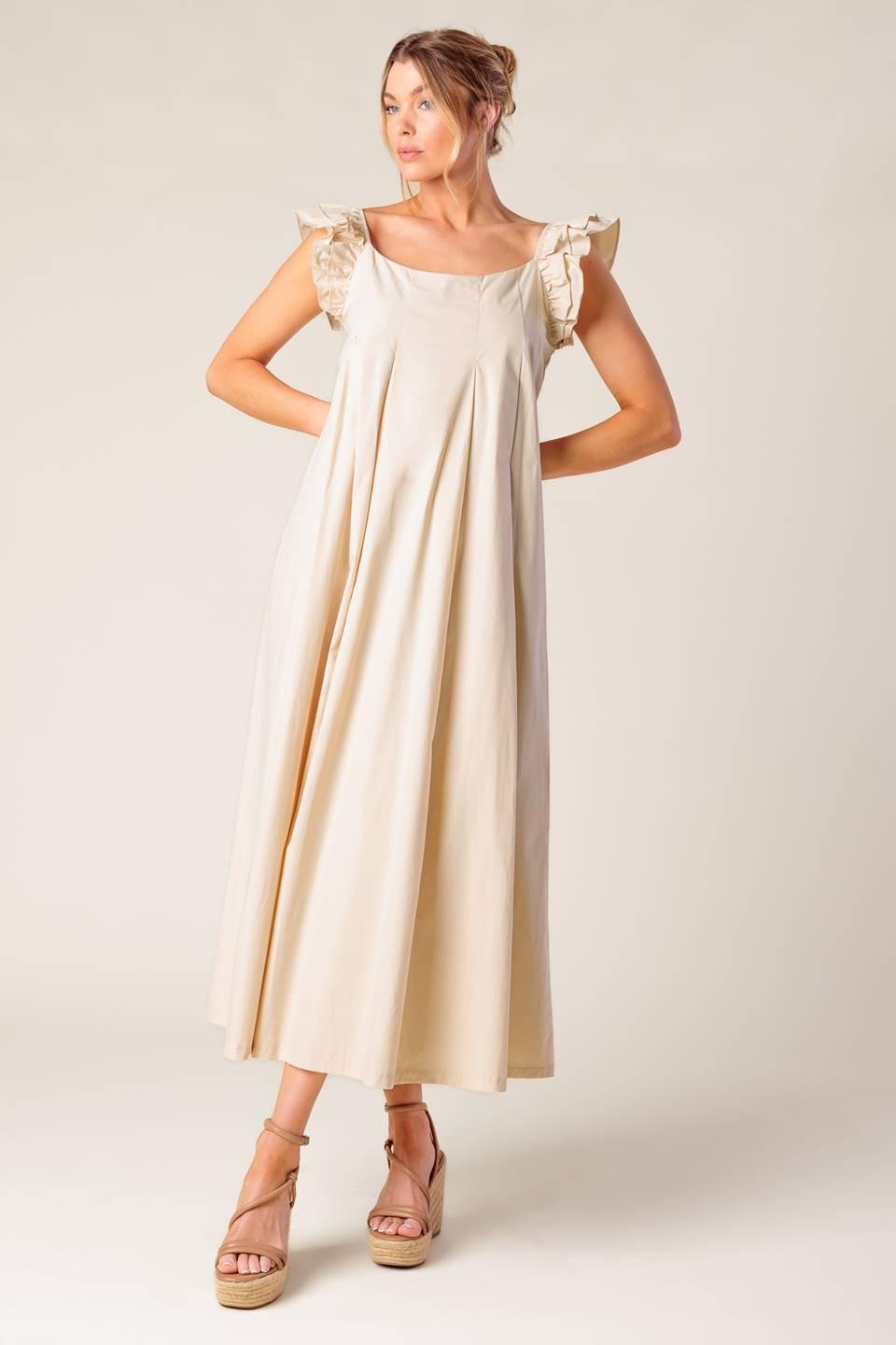 Champagne Toast Taupe Woven Midi Dress, view 3 — Soul Flow Apparel