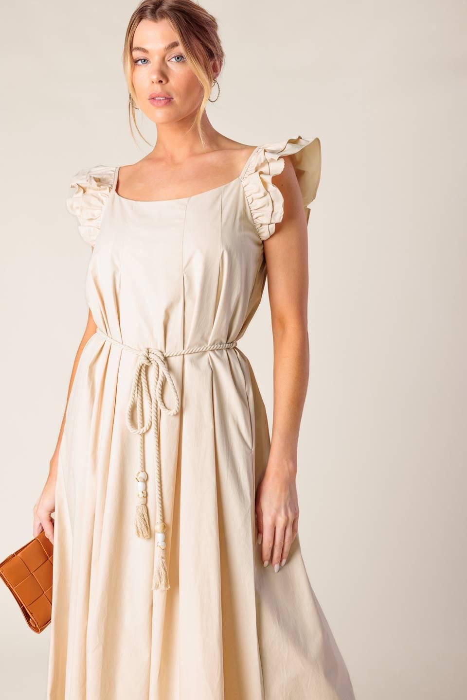 Champagne Toast Taupe Woven Midi Dress, view 4 — Soul Flow Apparel