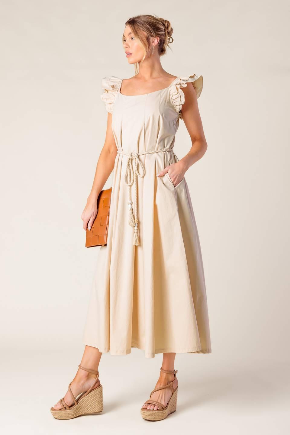 Champagne Toast Taupe Woven Midi Dress, view 5 — Soul Flow Apparel