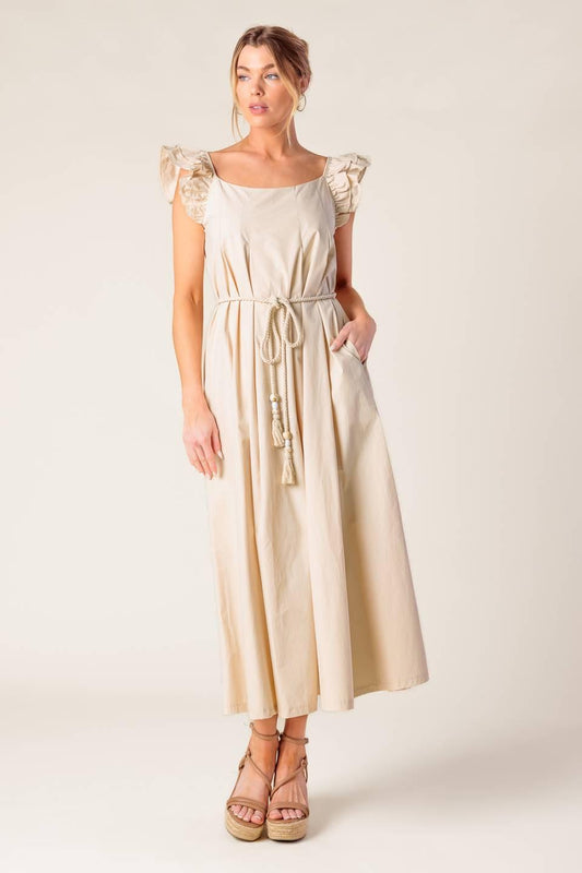Champagne Toast Taupe Woven Midi Dress, view 6 — Soul Flow Apparel