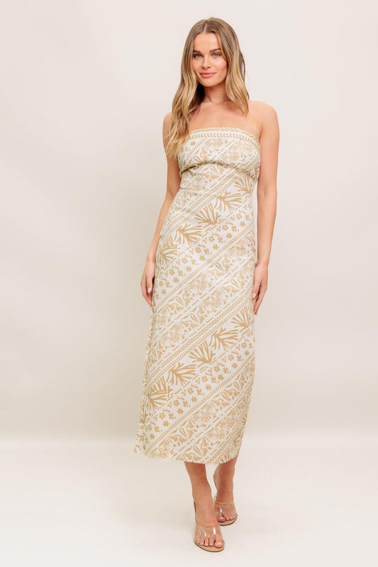Boho Tropic Drape Woven Midi Dress in ivory taupe, view 3 — Soul Flow Apparel