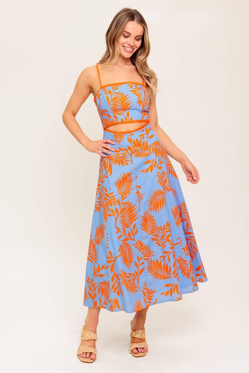 Apricot Sunset Woven Midi Dress in blue orange, view 1 — Soul Flow Apparel