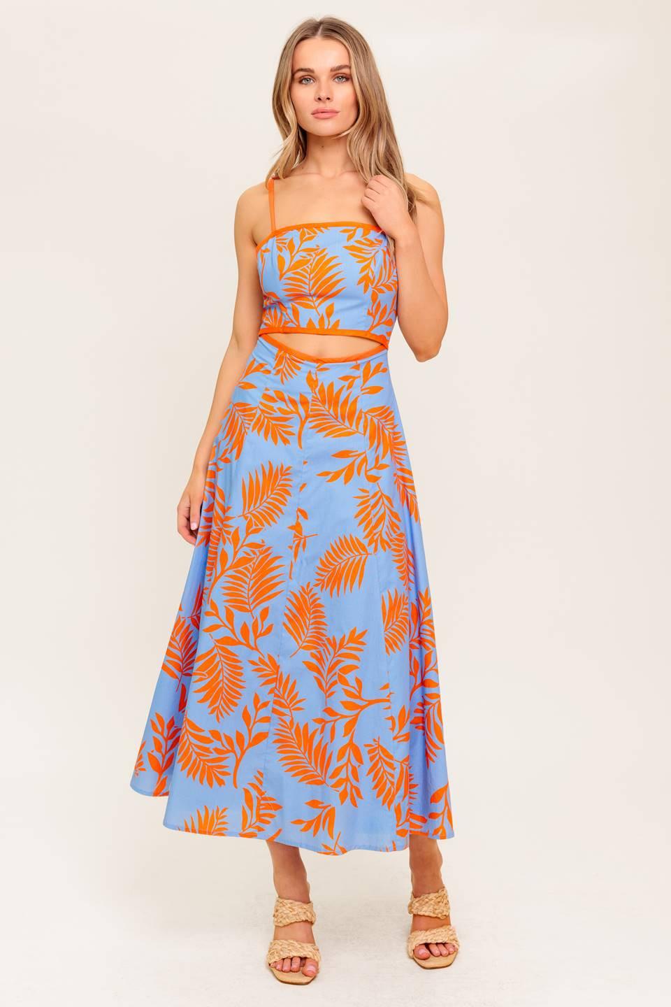 Apricot Sunset Woven Midi Dress in blue orange, view 2 — Soul Flow Apparel
