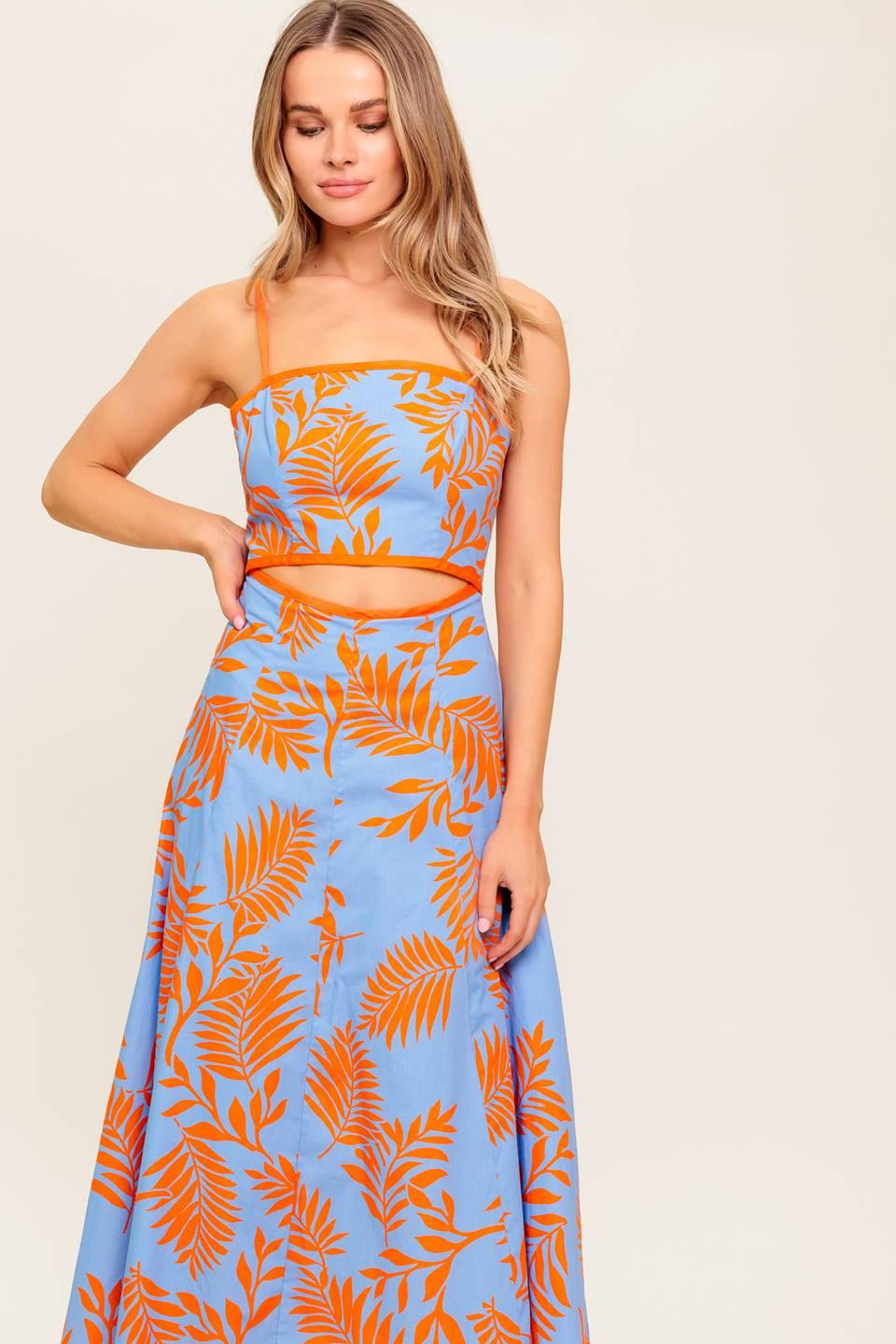 Apricot Sunset Woven Midi Dress in blue orange, view 3 — Soul Flow Apparel