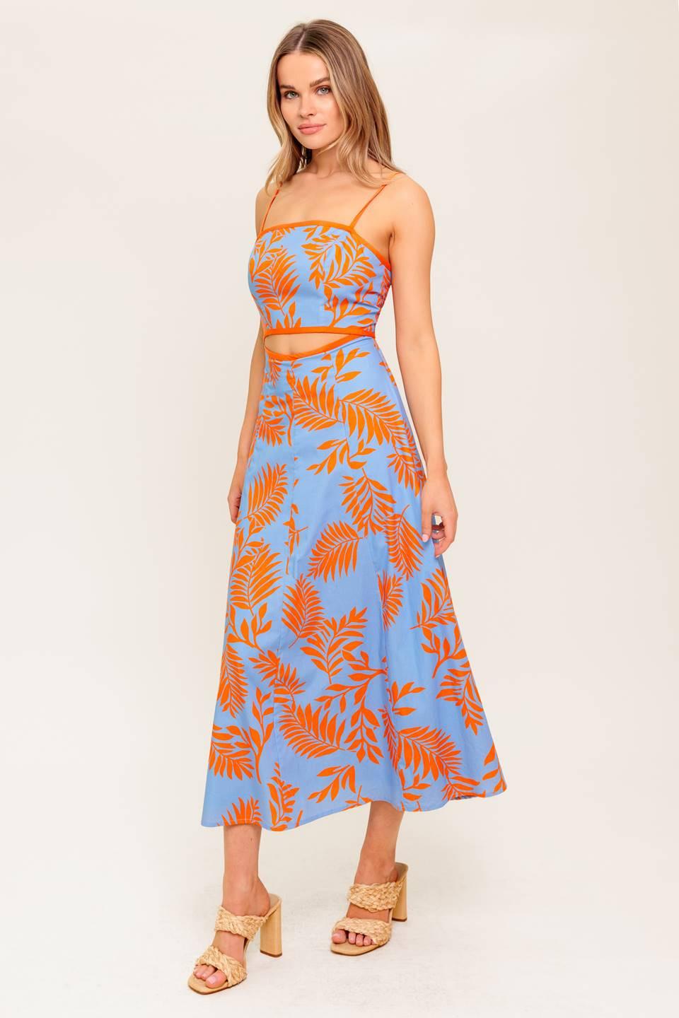 Apricot Sunset Woven Midi Dress in blue orange, view 4 — Soul Flow Apparel