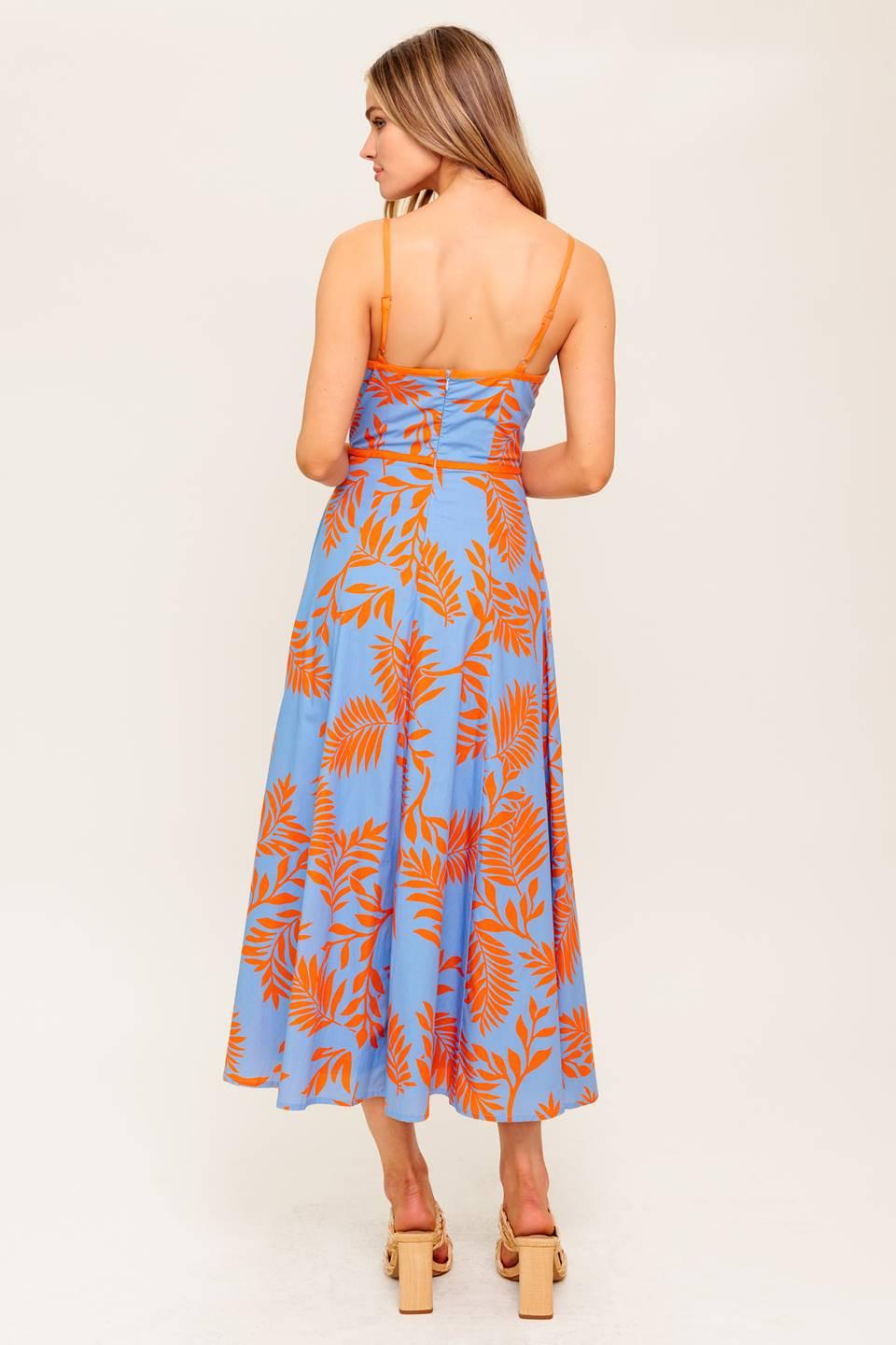 Apricot Sunset Woven Midi Dress in blue orange, view 7 — Soul Flow Apparel