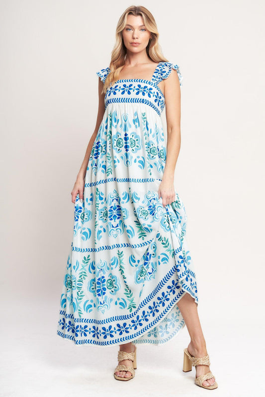 Walking on the Coast Woven Maxi Dress in blue white, view 1 — Soul Flow Apparel