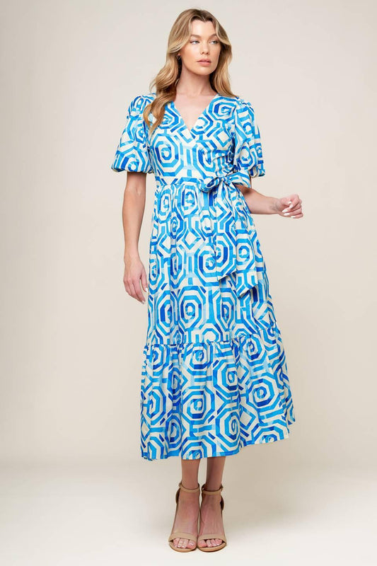 Seasonally Lovely Woven Midi Dress in off-white blue, view 1 — Soul Flow Apparel