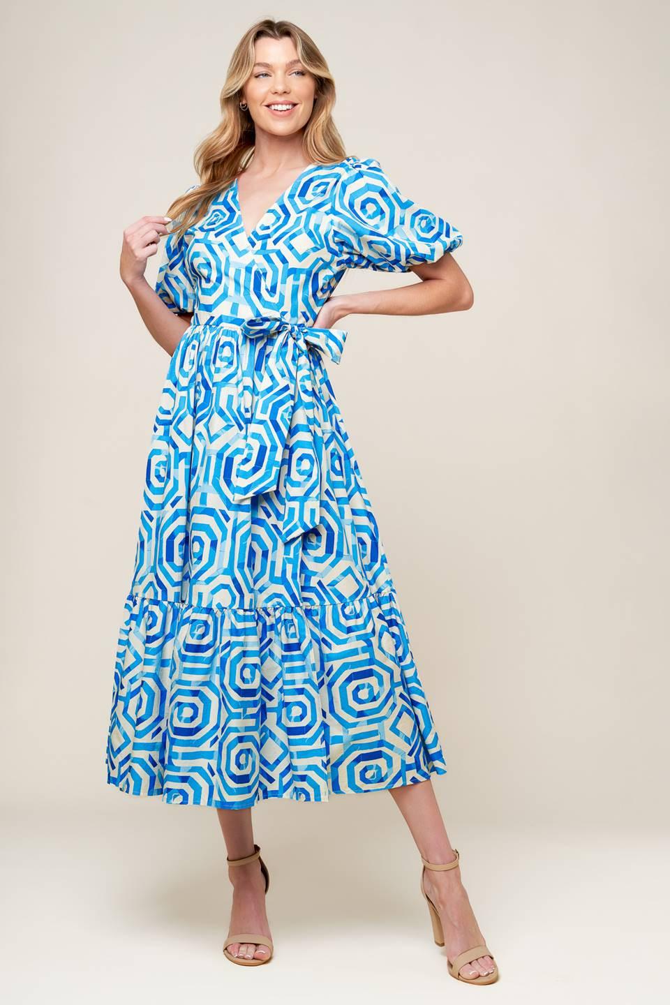 Seasonally Lovely Woven Midi Dress in off-white blue, view 2 — Soul Flow Apparel